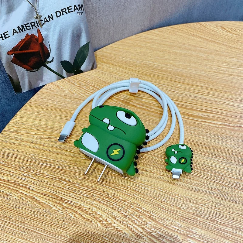 Cartoon Style Protective Case for iPhone 18W / 20W Charger Block Silicone Cover Set with Charging Cable Case - Dragon