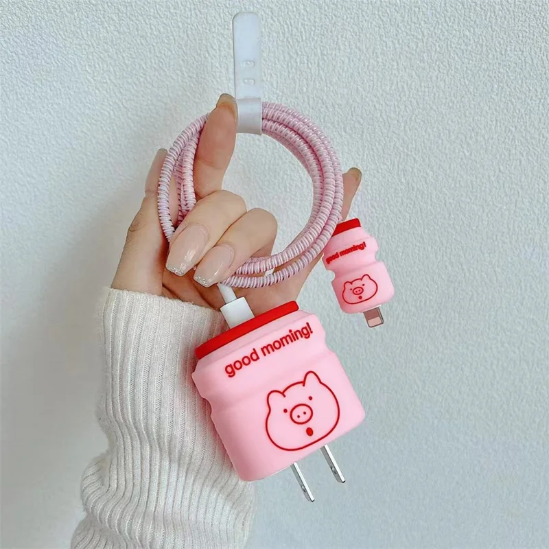 Cartoon Style Protective Case for iPhone 18W / 20W Charger Block Silicone Cover Set with Charging Cable Case - Pig