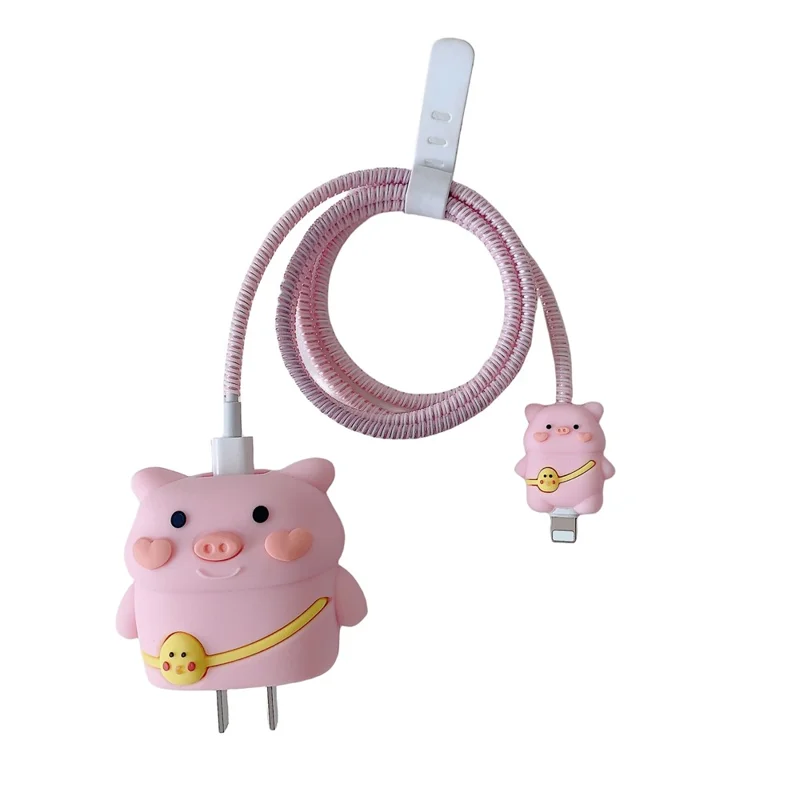 Cartoon Style Protective Case for iPhone 18W / 20W Charger Block Silicone Cover Set with Charging Cable Case - Backpack Pig