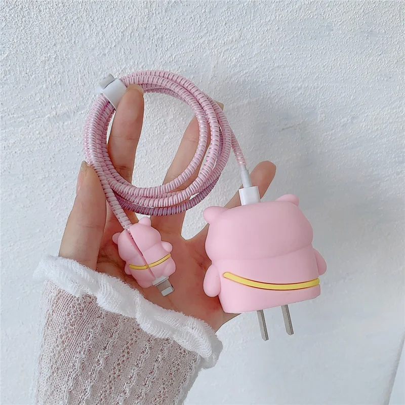 Cartoon Style Protective Case for iPhone 18W / 20W Charger Block Silicone Cover Set with Charging Cable Case - Backpack Pig