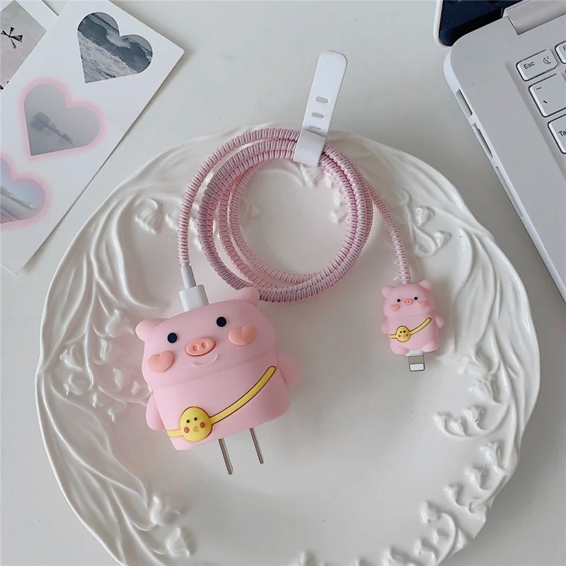 Cartoon Style Protective Case for iPhone 18W / 20W Charger Block Silicone Cover Set with Charging Cable Case - Backpack Pig