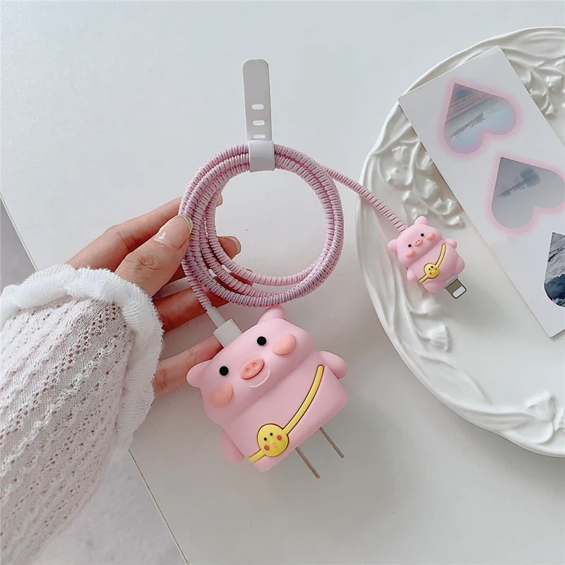 Cartoon Style Protective Case for iPhone 18W / 20W Charger Block Silicone Cover Set with Charging Cable Case - Backpack Pig