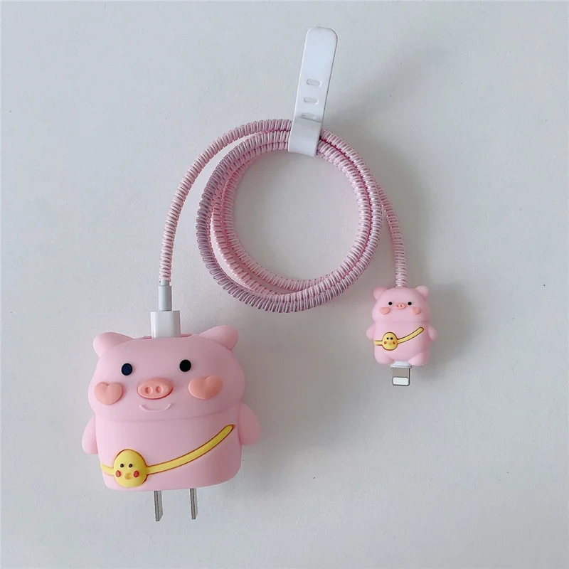 Cartoon Style Protective Case for iPhone 18W / 20W Charger Block Silicone Cover Set with Charging Cable Case - Backpack Pig