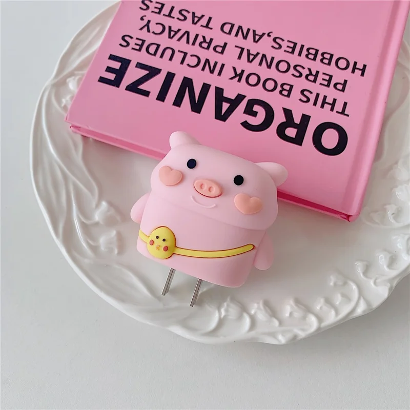 Cartoon Style Protective Case for iPhone 18W / 20W Charger Block Silicone Cover Set with Charging Cable Case - Backpack Pig