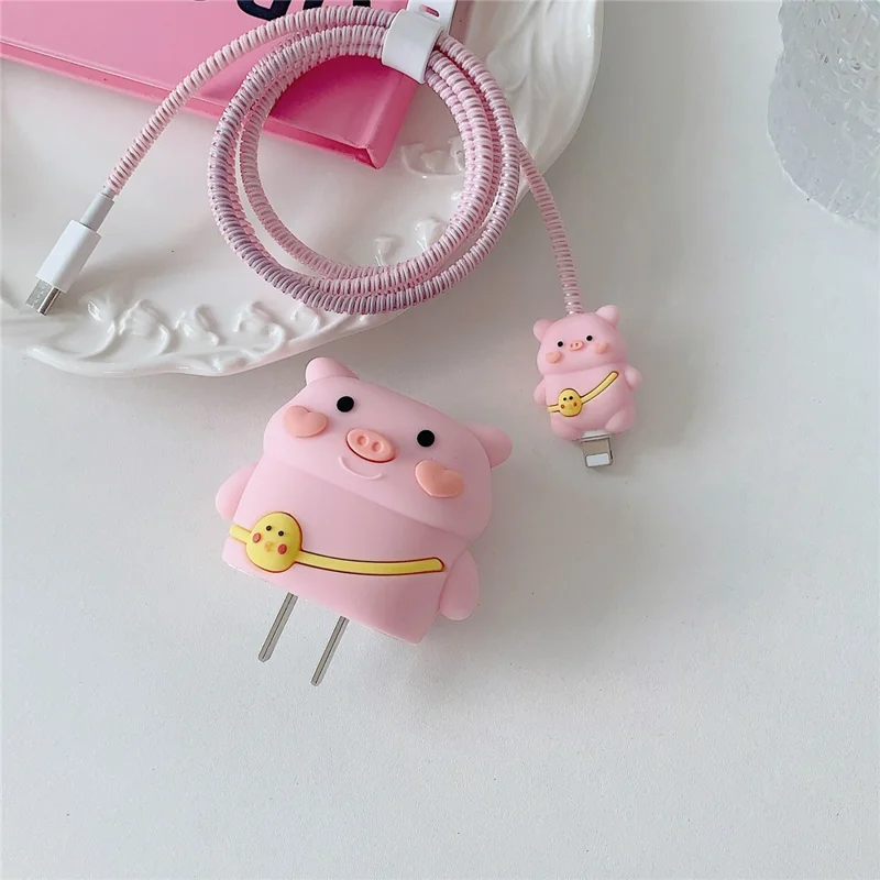 Cartoon Style Protective Case for iPhone 18W / 20W Charger Block Silicone Cover Set with Charging Cable Case - Backpack Pig