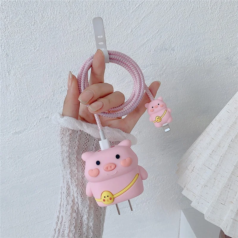 Cartoon Style Protective Case for iPhone 18W / 20W Charger Block Silicone Cover Set with Charging Cable Case - Backpack Pig