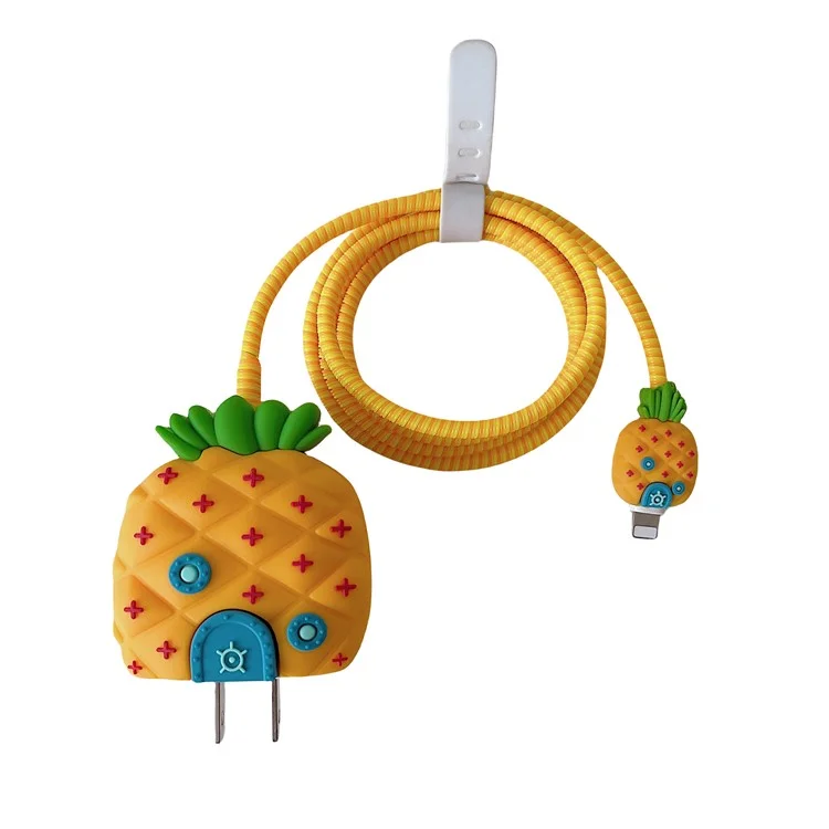 Cartoon Style Protective Case for iPhone 18W / 20W Charger Block Silicone Cover Set with Charging Cable Case - Pineapple House