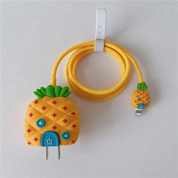 Cartoon Style Protective Case for iPhone 18W / 20W Charger Block Silicone Cover Set with Charging Cable Case - Pineapple House