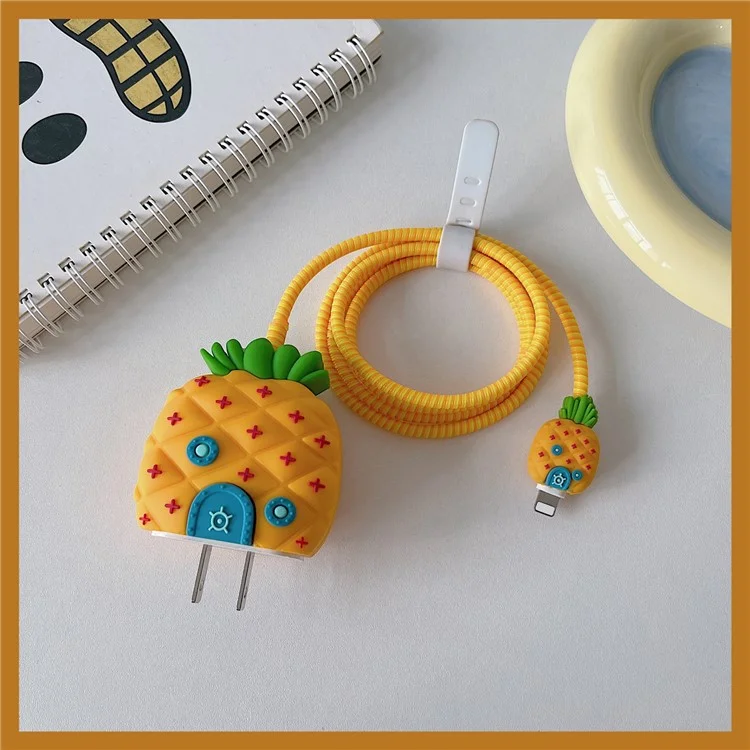 Cartoon Style Protective Case for iPhone 18W / 20W Charger Block Silicone Cover Set with Charging Cable Case - Pineapple House