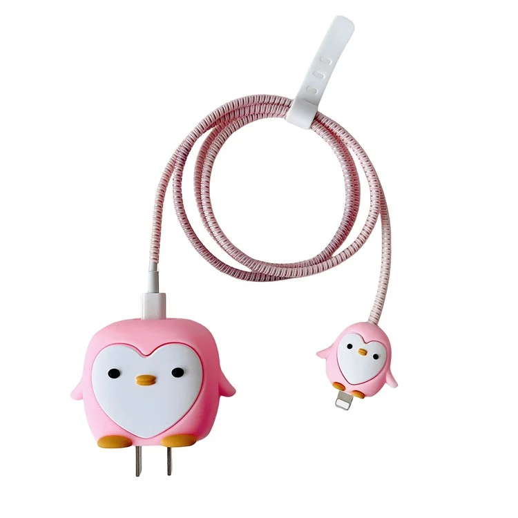 Cartoon Style Protective Case for iPhone 18W / 20W Charger Block Silicone Cover Set with Charging Cable Case - Pink Penguin