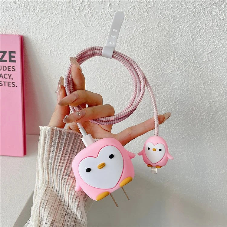 Cartoon Style Protective Case for iPhone 18W / 20W Charger Block Silicone Cover Set with Charging Cable Case - Pink Penguin