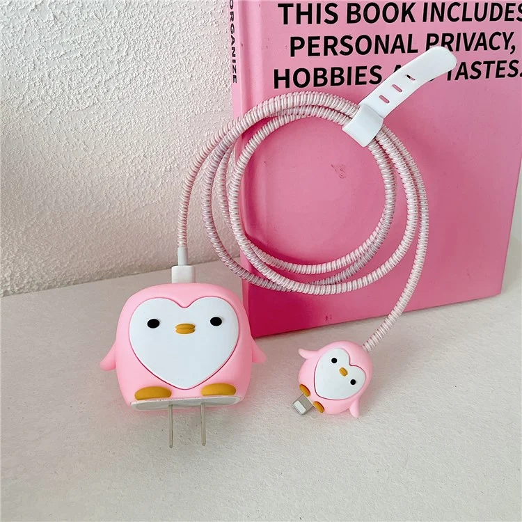 Cartoon Style Protective Case for iPhone 18W / 20W Charger Block Silicone Cover Set with Charging Cable Case - Pink Penguin