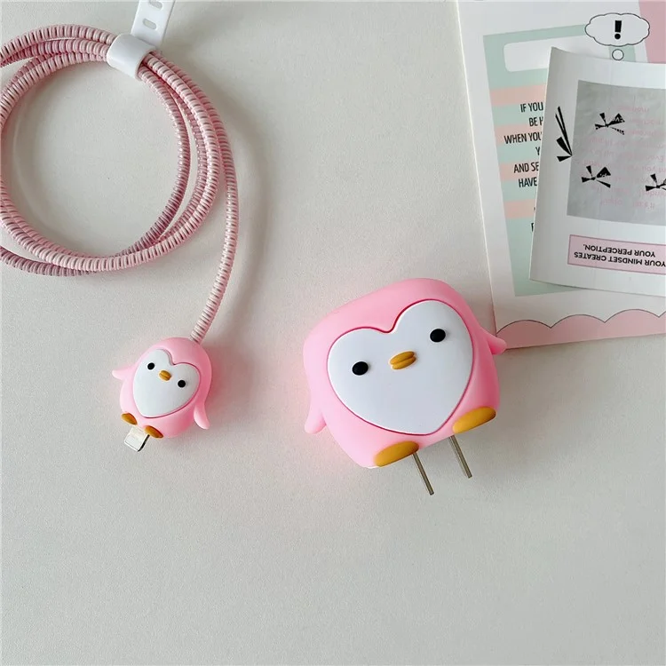 Cartoon Style Protective Case for iPhone 18W / 20W Charger Block Silicone Cover Set with Charging Cable Case - Pink Penguin