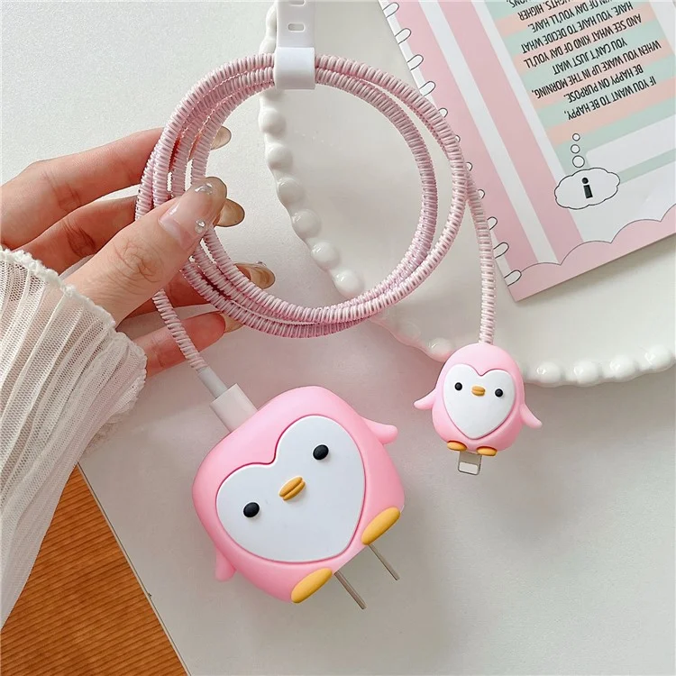 Cartoon Style Protective Case for iPhone 18W / 20W Charger Block Silicone Cover Set with Charging Cable Case - Pink Penguin