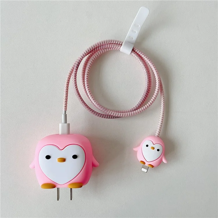 Cartoon Style Protective Case for iPhone 18W / 20W Charger Block Silicone Cover Set with Charging Cable Case - Pink Penguin