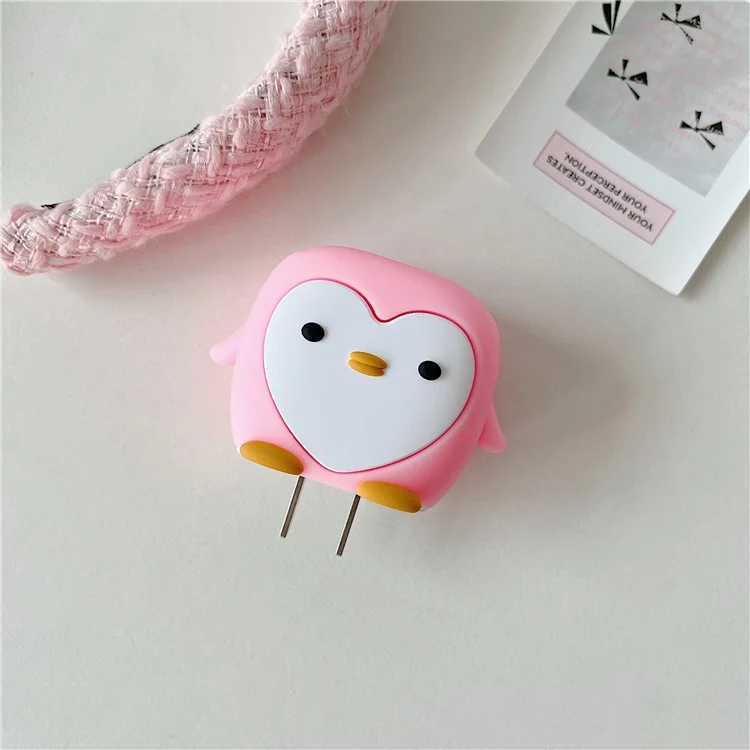 Cartoon Style Protective Case for iPhone 18W / 20W Charger Block Silicone Cover Set with Charging Cable Case - Pink Penguin