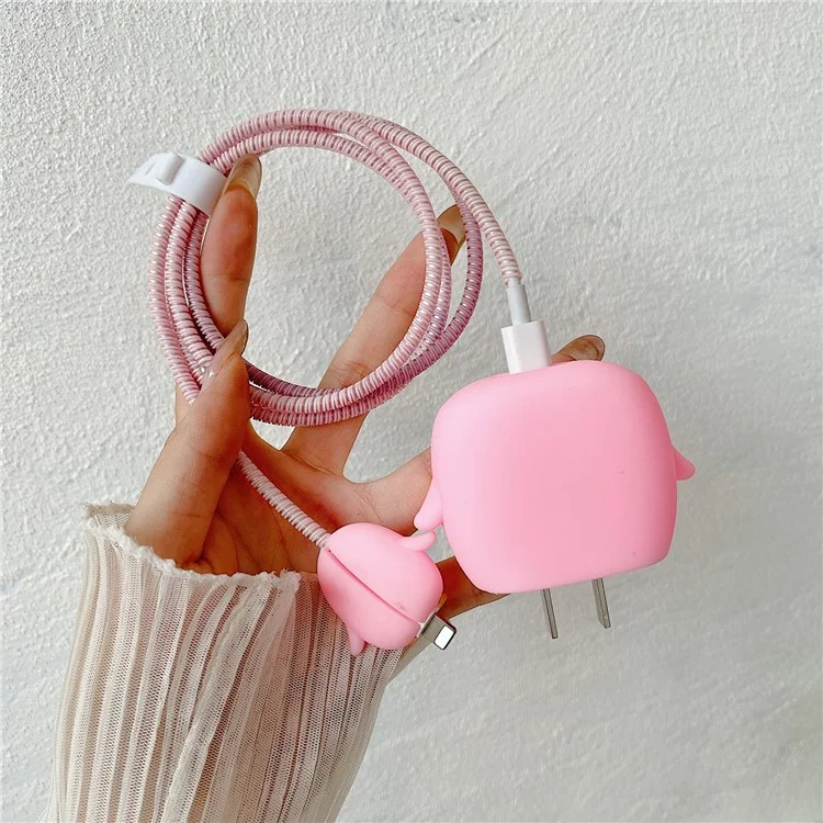Cartoon Style Protective Case for iPhone 18W / 20W Charger Block Silicone Cover Set with Charging Cable Case - Pink Penguin