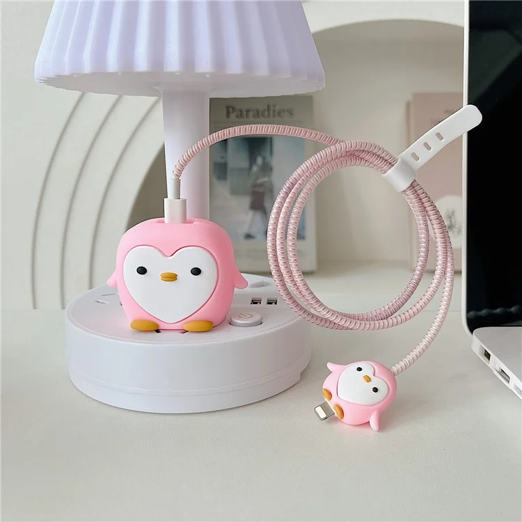 Cartoon Style Protective Case for iPhone 18W / 20W Charger Block Silicone Cover Set with Charging Cable Case - Pink Penguin