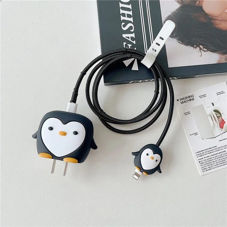 Cartoon Style Protective Case for iPhone 18W / 20W Charger Block Silicone Cover Set with Charging Cable Case - Black Penguin