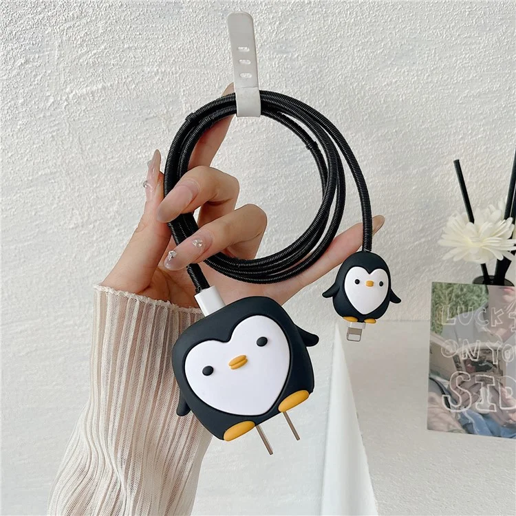 Cartoon Style Protective Case for iPhone 18W / 20W Charger Block Silicone Cover Set with Charging Cable Case - Black Penguin