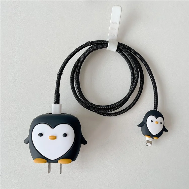 Cartoon Style Protective Case for iPhone 18W / 20W Charger Block Silicone Cover Set with Charging Cable Case - Black Penguin