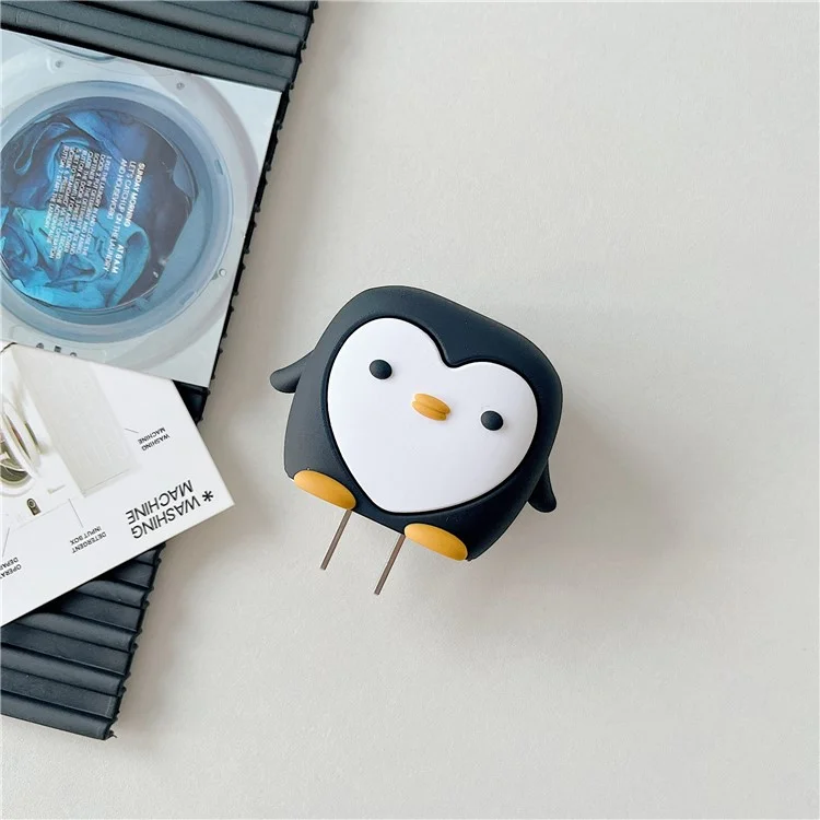Cartoon Style Protective Case for iPhone 18W / 20W Charger Block Silicone Cover Set with Charging Cable Case - Black Penguin