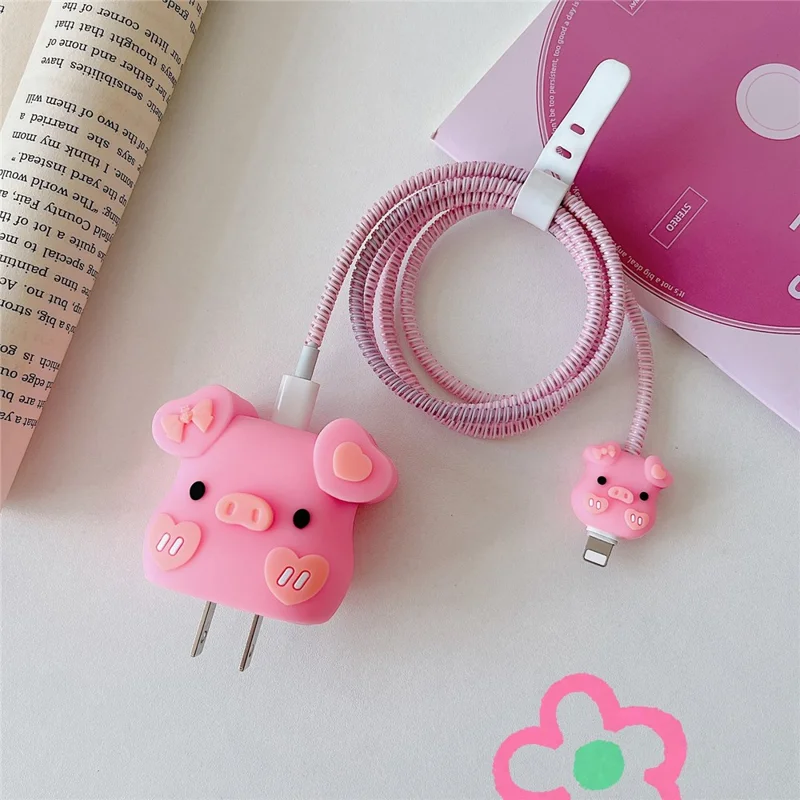Cartoon Style Protective Case for iPhone 18W / 20W Charger Block Silicone Cover Set with Charging Cable Case - Bowknot Pig