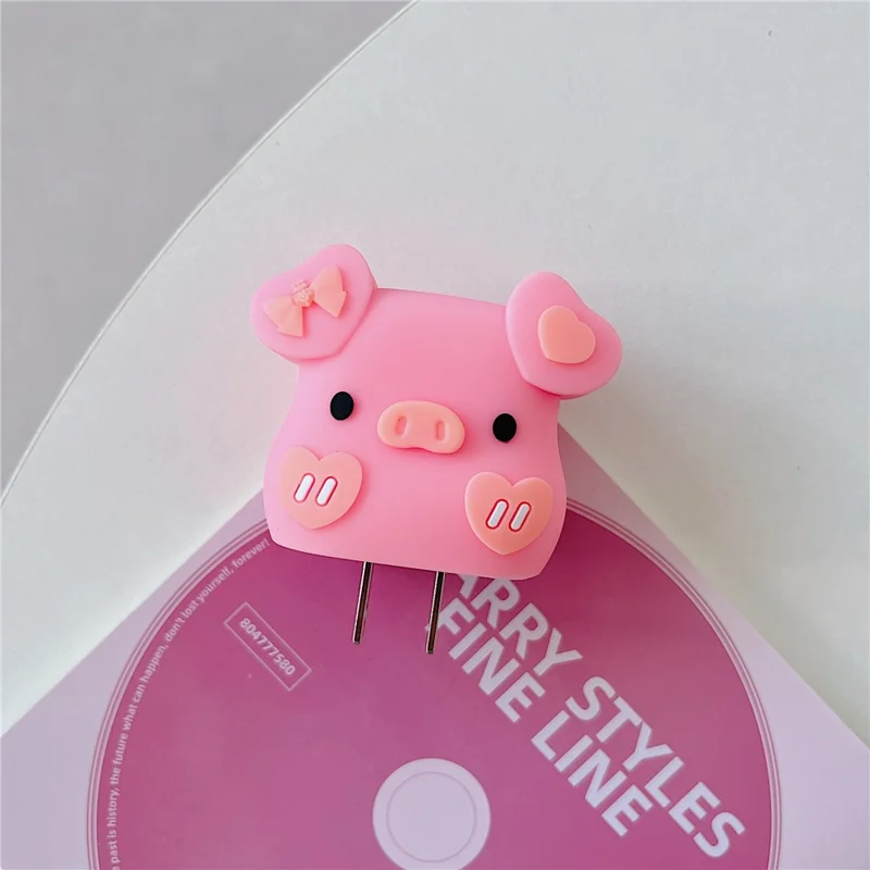 Cartoon Style Protective Case for iPhone 18W / 20W Charger Block Silicone Cover Set with Charging Cable Case - Bowknot Pig