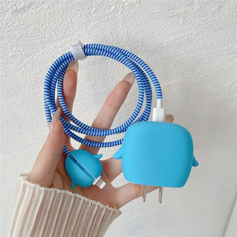 Cartoon Style Protective Case for iPhone 18W / 20W Charger Block Silicone Cover Set with Charging Cable Case - Blue Penguin