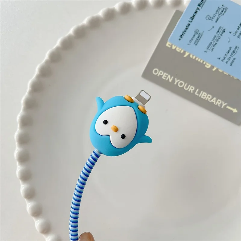 Cartoon Style Protective Case for iPhone 18W / 20W Charger Block Silicone Cover Set with Charging Cable Case - Blue Penguin