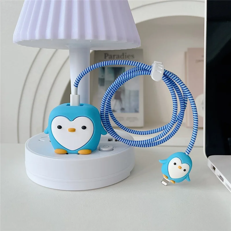 Cartoon Style Protective Case for iPhone 18W / 20W Charger Block Silicone Cover Set with Charging Cable Case - Blue Penguin