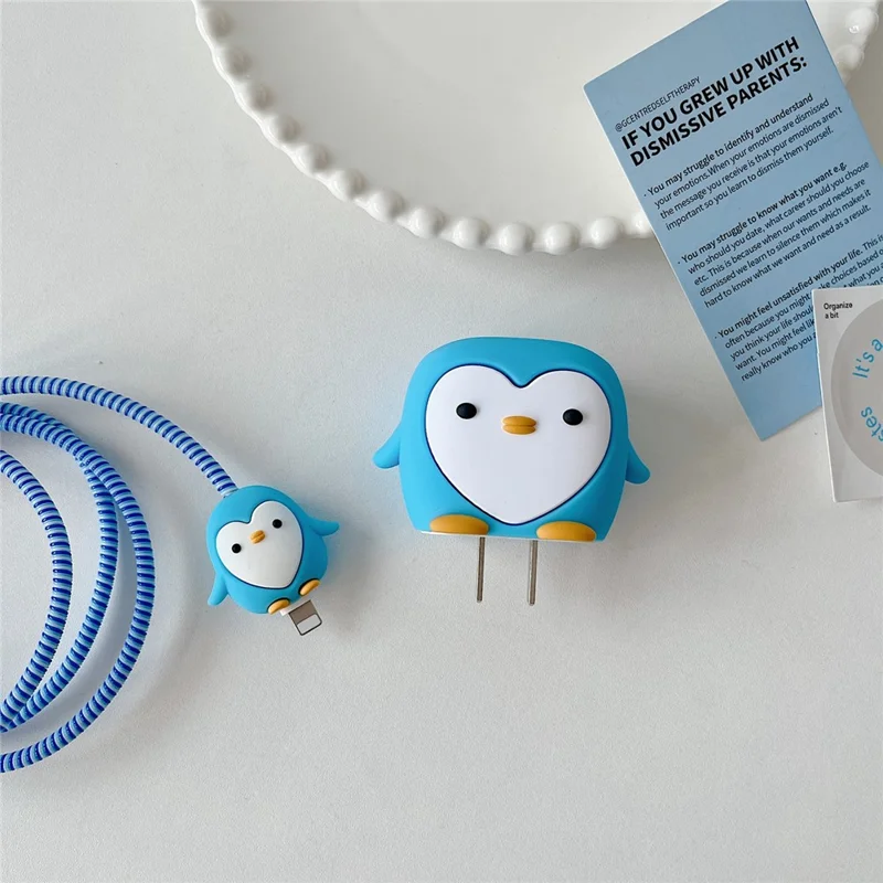 Cartoon Style Protective Case for iPhone 18W / 20W Charger Block Silicone Cover Set with Charging Cable Case - Blue Penguin
