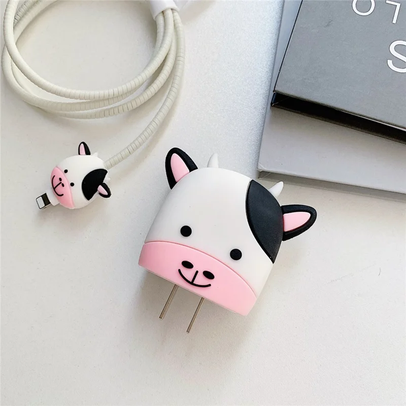 Cartoon Style Protective Case for iPhone 18W / 20W Charger Block Silicone Cover Set with Charging Cable Case - Little Cow