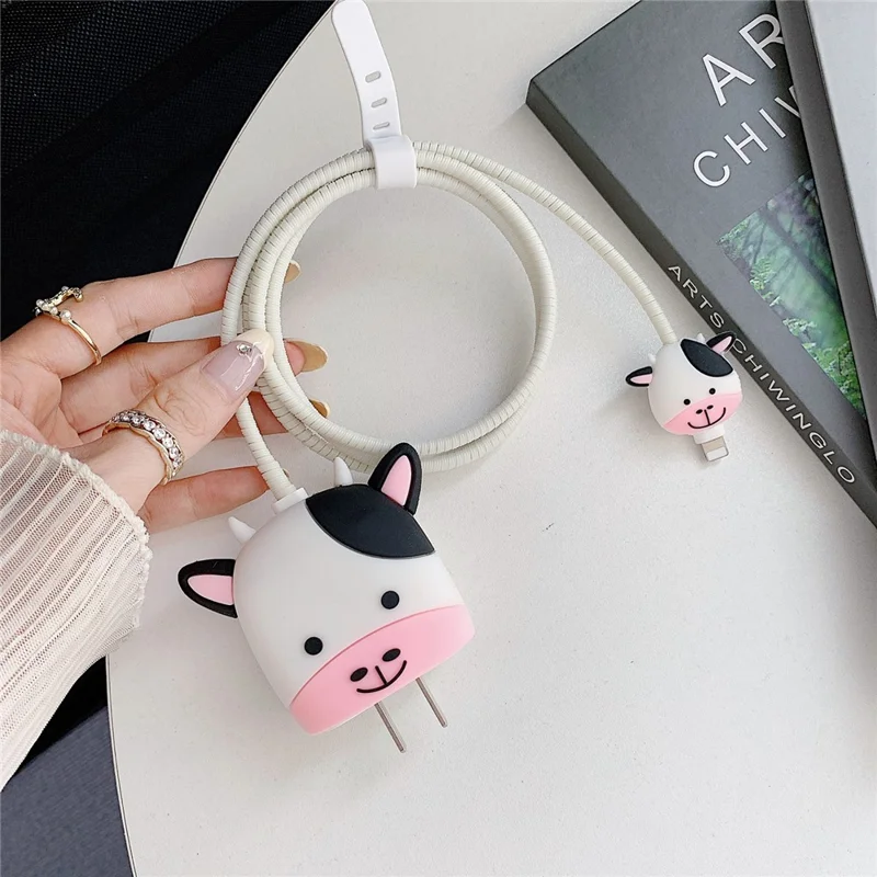 Cartoon Style Protective Case for iPhone 18W / 20W Charger Block Silicone Cover Set with Charging Cable Case - Little Cow