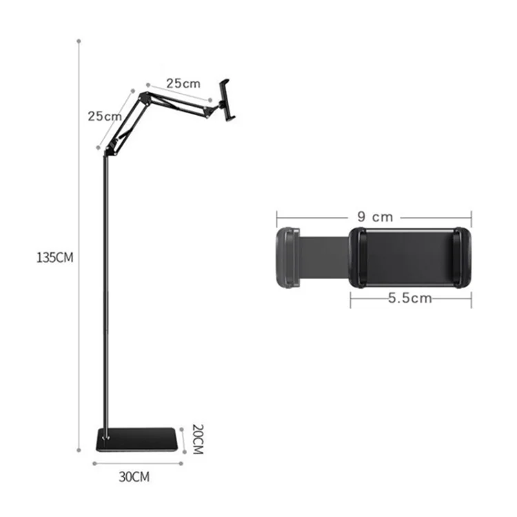 Supporto da pavimento per telefono da 135 cm regolabile a 360 gradi, supporto in metallo + ABS per dispositivi da 5,5-9 cm di larghezza