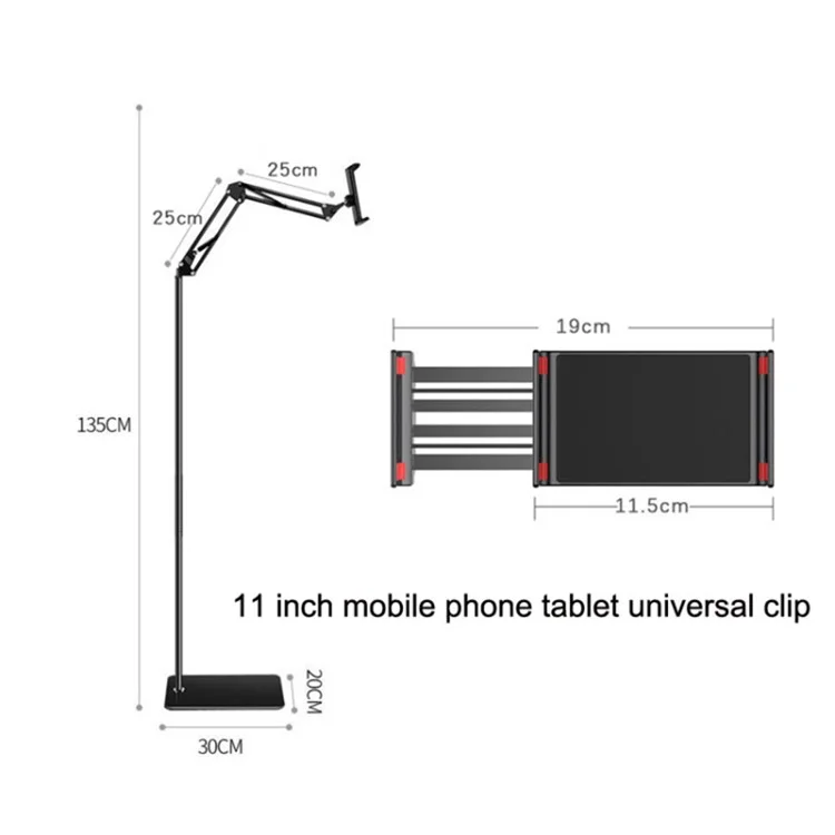 Supporto da pavimento per tablet 135 cm Altezza regolabile Supporto per telefono in metallo + ABS per dispositivi da 11,5-19 cm di larghezza