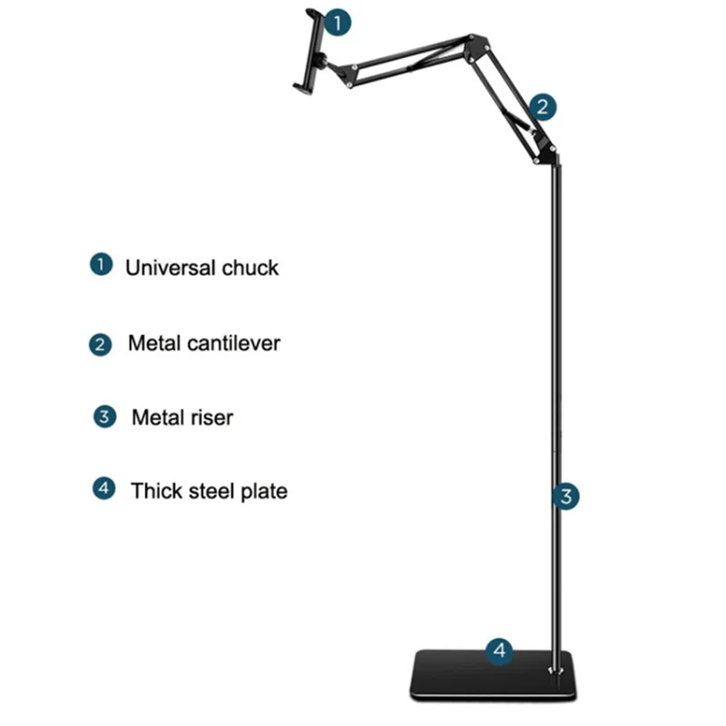 Telescopic Phone Tablet Floor Stand 175cm Retractable Metal+ABS Smartphone Holder Mount for 12-20cm Width Devices