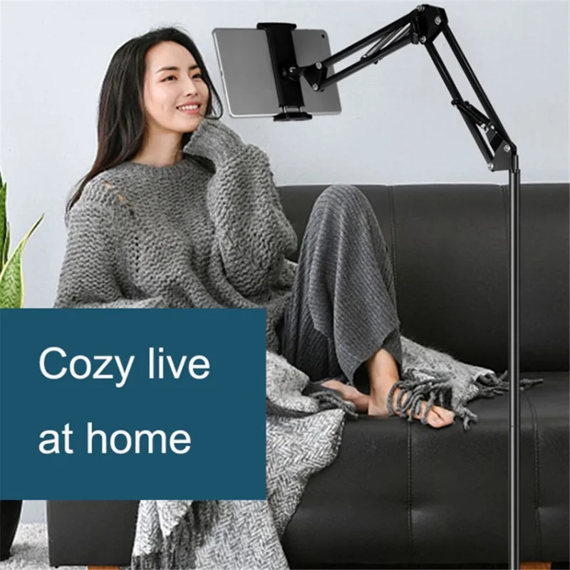 Telescopic Phone Tablet Floor Stand 175cm Retractable Metal+ABS Smartphone Holder Mount for 12-20cm Width Devices