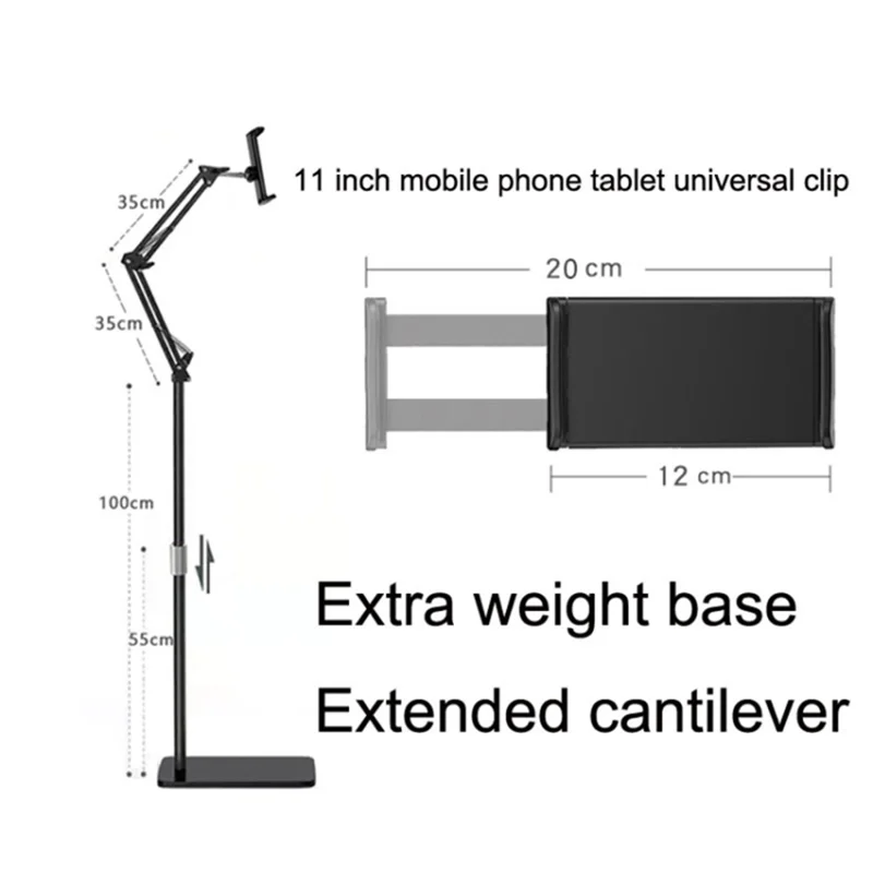Telescopic Phone Tablet Floor Stand 175cm Retractable Metal+ABS Smartphone Holder Mount for 12-20cm Width Devices