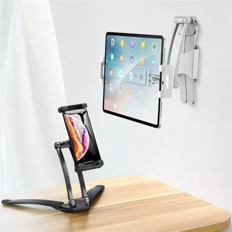 2-in-1 Desktop Aluminum Alloy Tablet Stand 360-degree Rotating Wall Mount Phone Holder for 4-12.9 inch Devices - Black