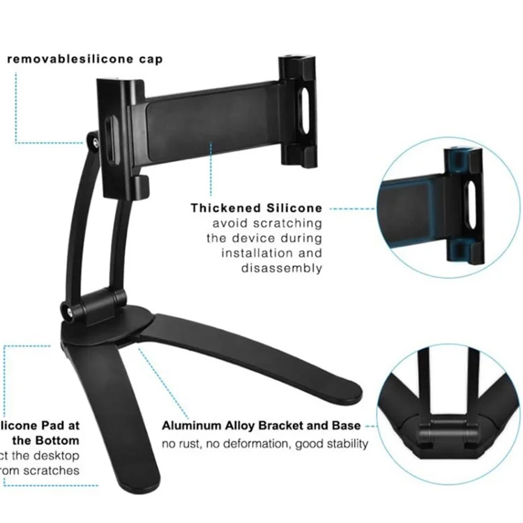 2-in-1 Desktop Aluminum Alloy Tablet Stand 360-degree Rotating Wall Mount Phone Holder for 4-12.9 inch Devices - Black