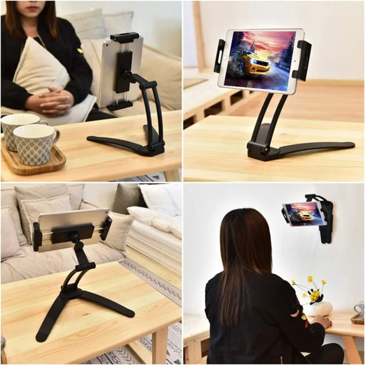 2-in-1 Desktop Aluminum Alloy Tablet Stand 360-degree Rotating Wall Mount Phone Holder for 4-12.9 inch Devices - Black
