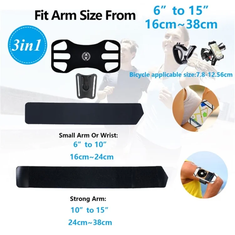 Detachable Silicone Strap 4.5-6.5 inch Phone Holder Cycling Running Wristband Armband Phone Mount - Black