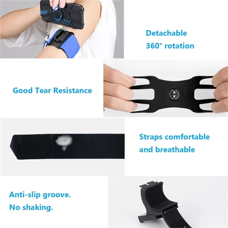 Detachable Silicone Strap 4.5-6.5 inch Phone Holder Cycling Running Wristband Armband Phone Mount - Black