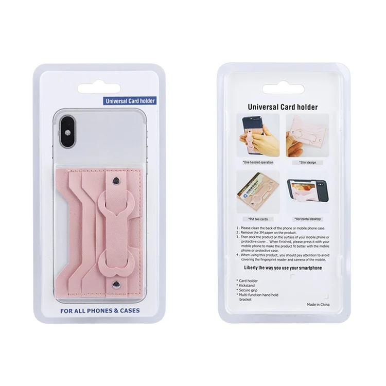 MRC04 Stick-On Phone Card Holder Leather Card Pouch with Heart Kickstand - Pink