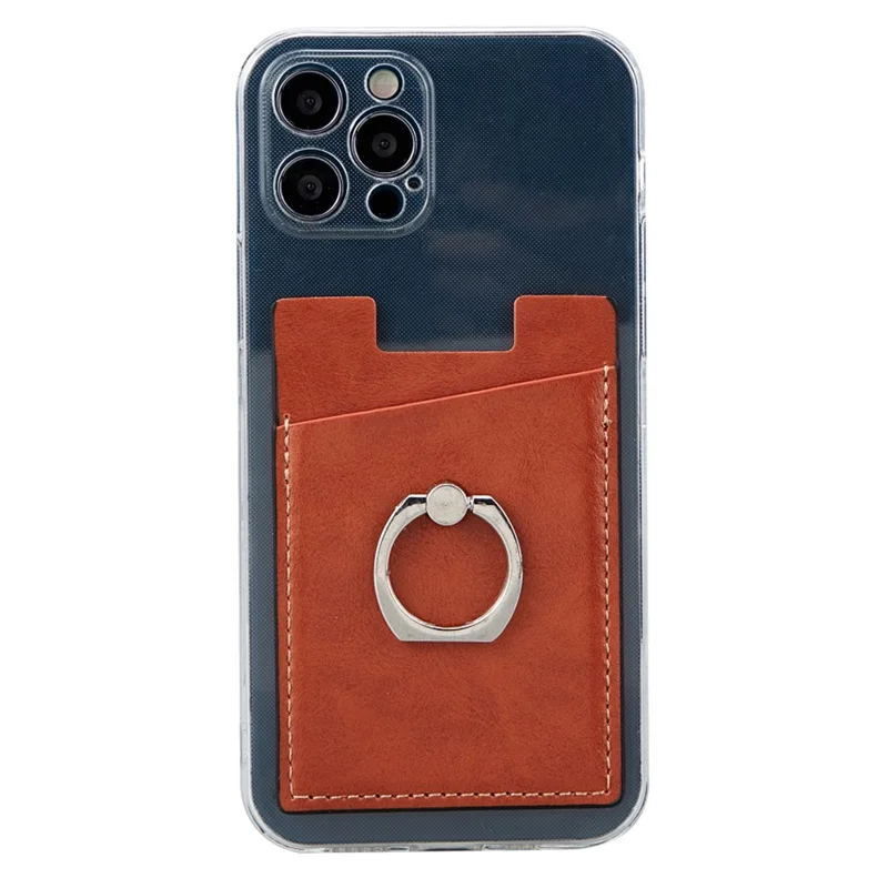 MRC01 PU Leather Phone Card Holder Ring Kickstand Card Case Support Magnetic Car Mount - Light Brown