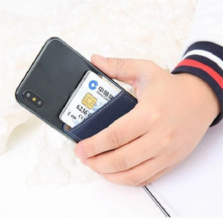 MRC011 Mobile Phone Card Case Cross-textured Phone Pocket Adhesive Dual Card Holder - Black  /  White