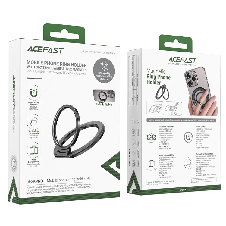 ACEFAST P1 For iPhone 15 / 14 / 13 / 12 Series Magnetic Ring Holder Aluminum Alloy Kickstand - Black