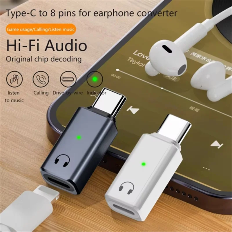 USB-C Male to 8-Pin Female Adapter Converter Audio Headphone Extension Connector - Tarnish