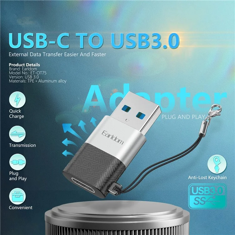 Adaptateur EARLDOM OT75 Type-C femelle vers USB mâle Transfert de données Alliage d'aluminium Convertisseur